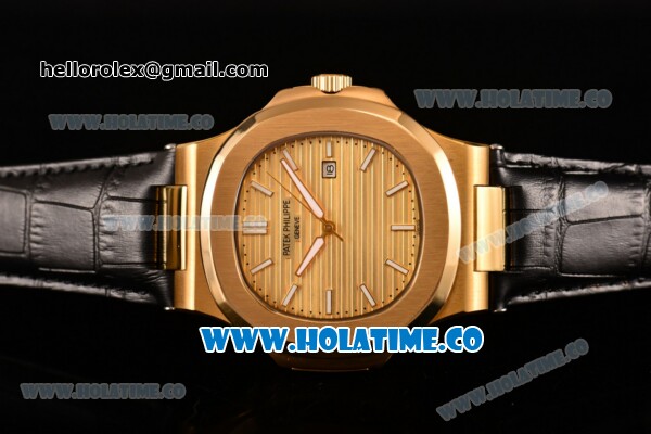 Patek Philippe Nautilus Asia Automatic Yellow Gold Case with Gold Dial Black Leather Strap and Stick Markers - Click Image to Close